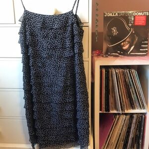 Vintage Y2k Flirty Midi Silk Dress Tiered Ruffle Polka Dot Black White 14 Slip L